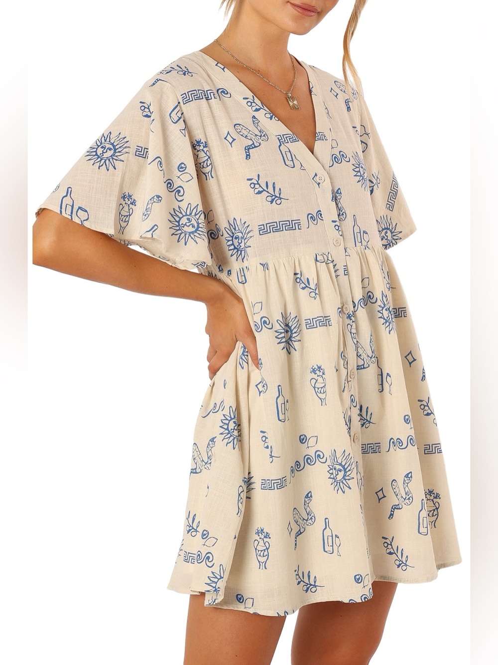 NWT Petal & Pup Women's Elias Mini Dress in Beige Blue XL